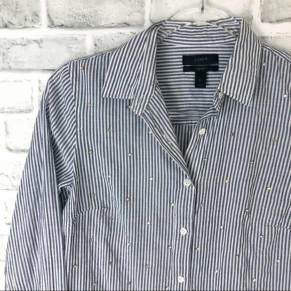 J. CREW Embellished Jeweled Button Down Striped Shirt Holiday Top Blue Gray 0 - Picture 7 of 7